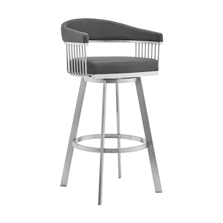 Armen Living Bronson 25" Gray Faux Leather and Brushed Stainless Steel Swivel Bar Stool 721535762224
